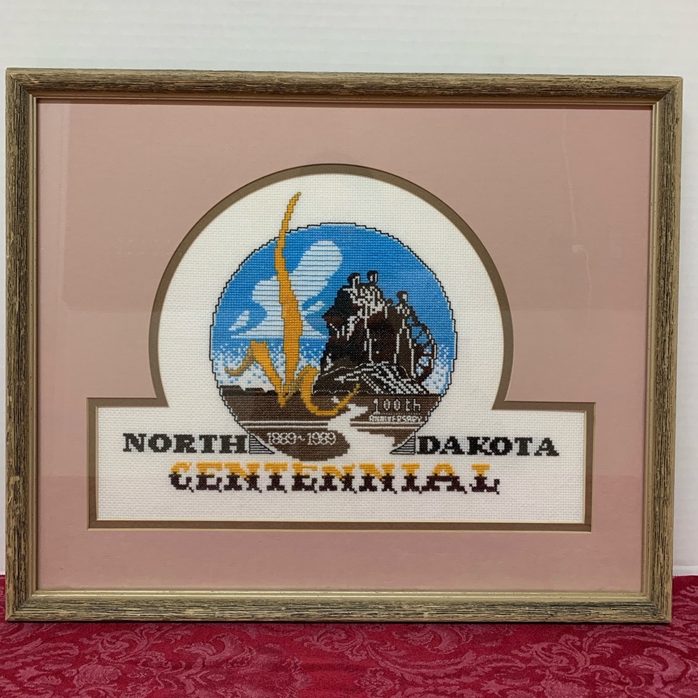 Vintage North Dakota custom framed Centennial cross stitch 1989